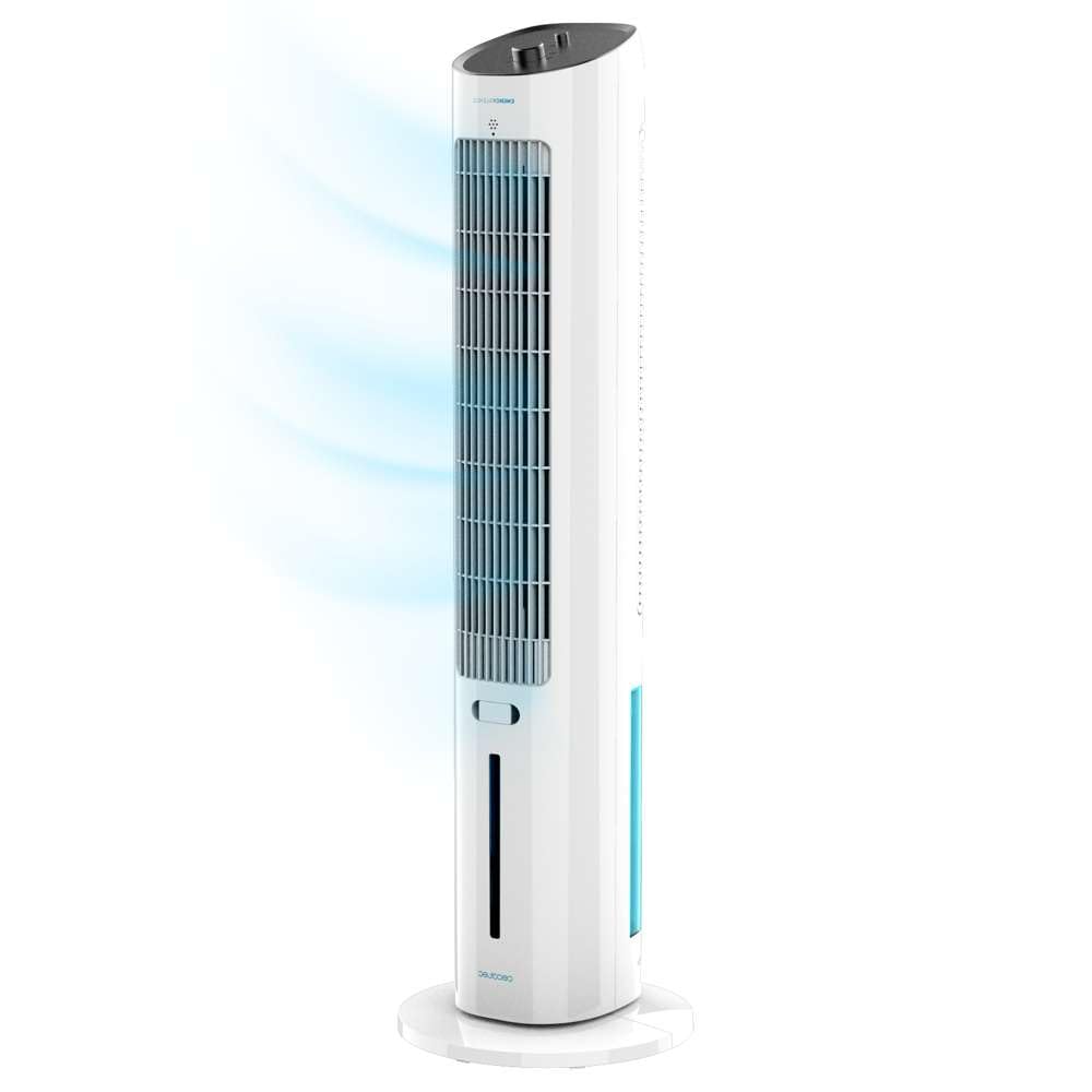 Rafraîchisseur d’air Cecotec blanc à roulettes, accompagné de ses deux tubes réfrigérateurs