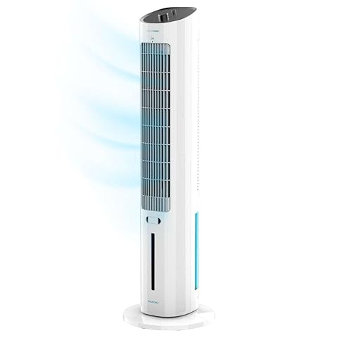 Rafraîchisseur d’air Cecotec blanc à roulettes, accompagné de ses deux tubes réfrigérateurs