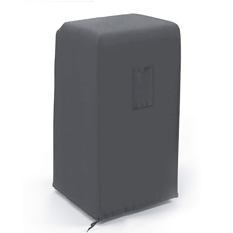 Housse grise Luxiv ajustée sur un climatiseur portable, avec poche latérale et sangles réglables.