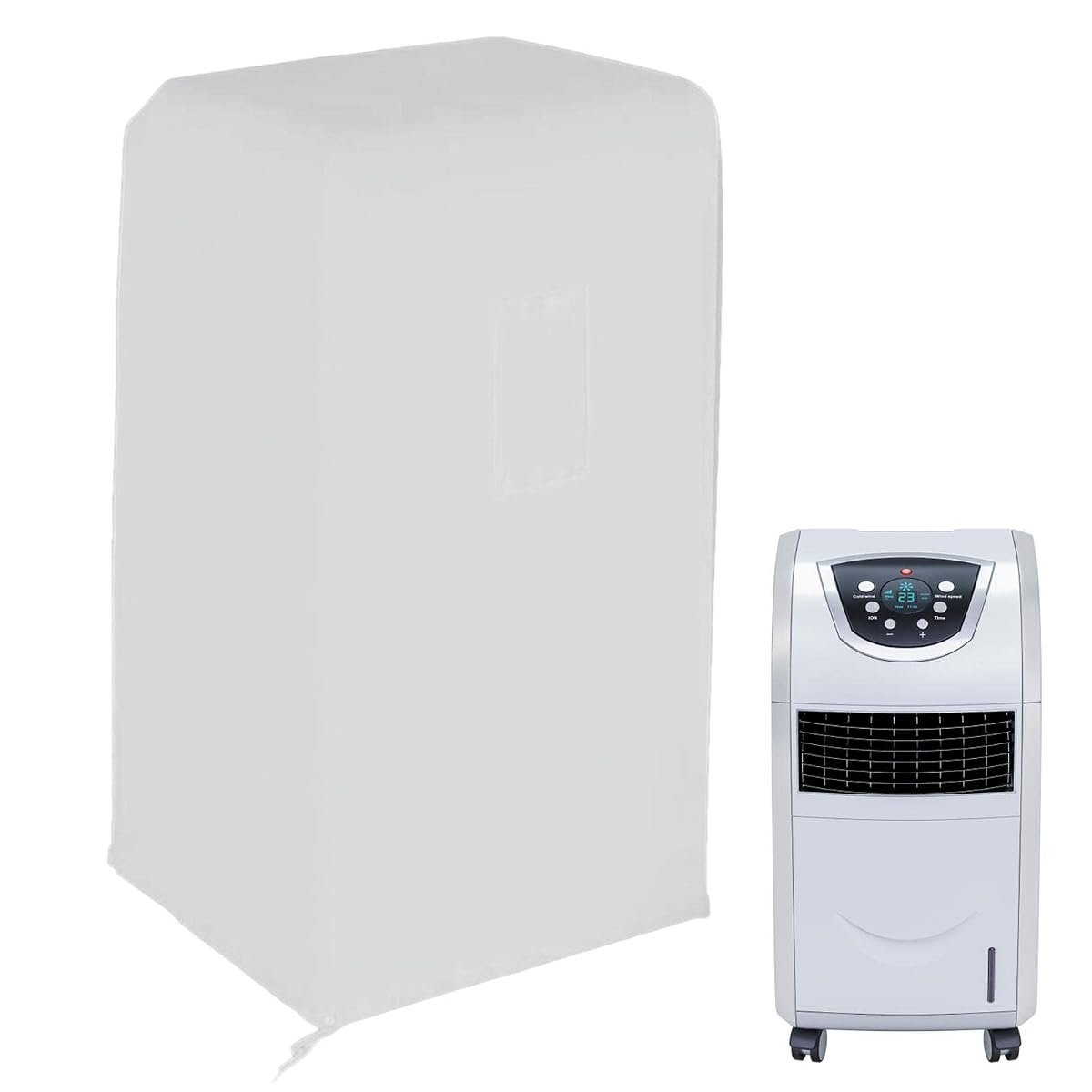 Housse blanche en tissu Oxford ajustée sur un climatiseur mobile, avec cordon de serrage à la base.