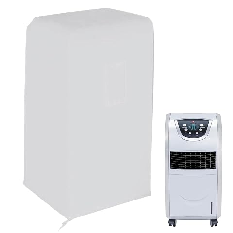 Housse blanche en tissu Oxford ajustée sur un climatiseur mobile, avec cordon de serrage à la base.