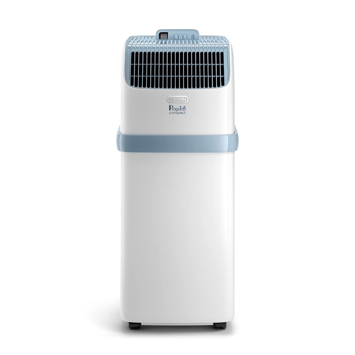 Climatiseur mobile blanc compact dans un séjour clair, près d’une fenêtre avec son conduit d’évacuation.