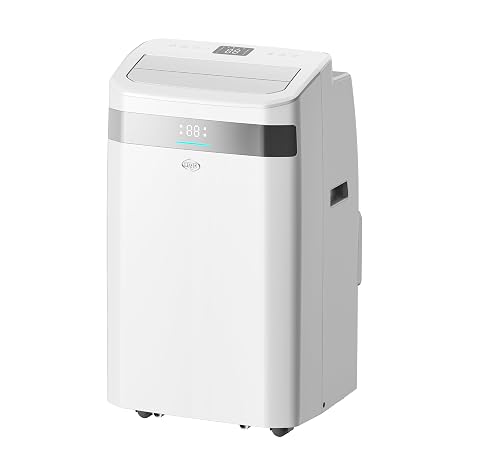 Climatiseur mobile réversible blanc installé près d’une fenêtre avec son tuyau d’évacuation