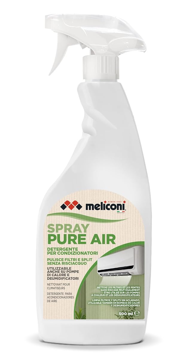 Aérosol blanc Meliconi Pure Air posé près d’un filtre et d’un climatiseur mobile
