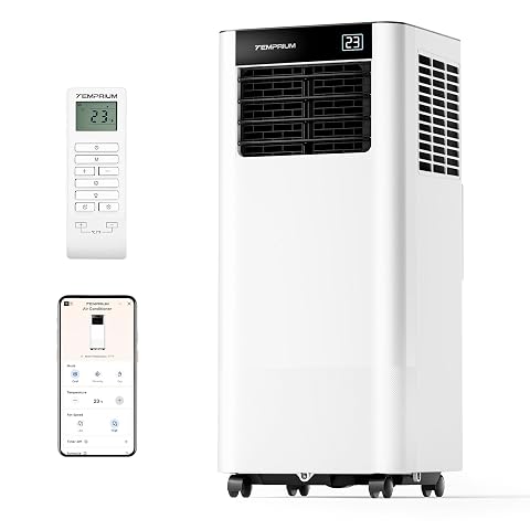 Climatiseur mobile Temprium blanc sur roulettes près d’une fenêtre dans un intérieur lumineux