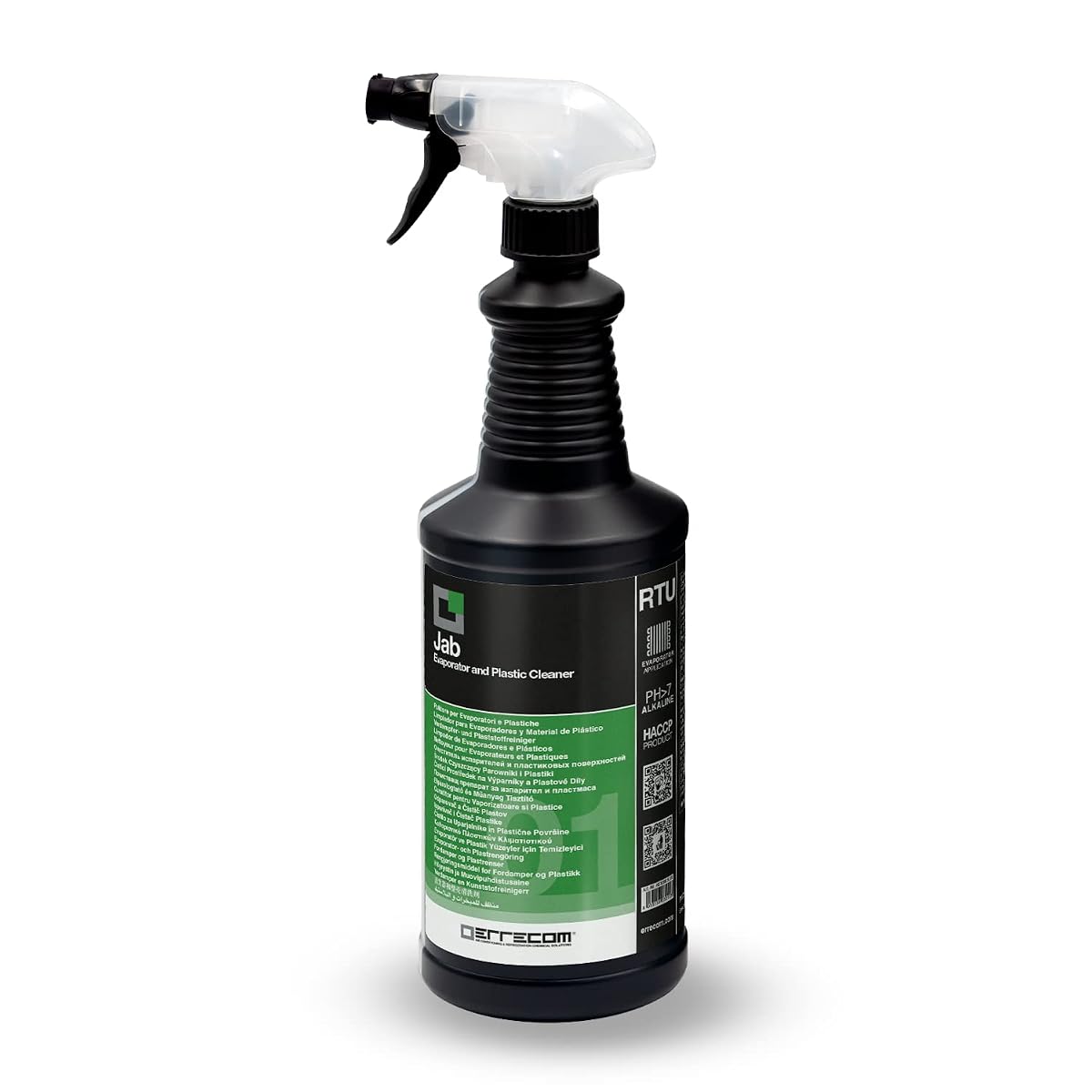 Flacon spray de nettoyant Errecom Jab près d’une unité intérieure de climatisation dans un intérieur clair.