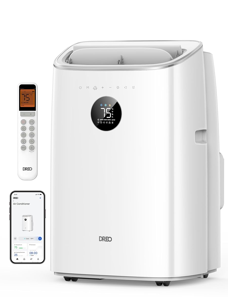 Climatiseur mobile blanc installé près d’une fenêtre, avec sa gaine d’évacuation dans un intérieur lumineux.