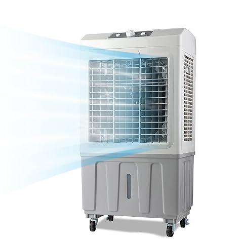Rafraîchisseur évaporatif blanc sur roulettes dans un intérieur lumineux aux tons naturels