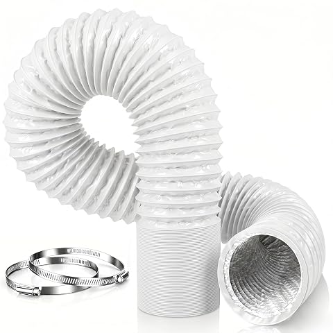 Gaine blanche flexible pour climatiseur mobile avec deux colliers inox dans un intérieur clair.