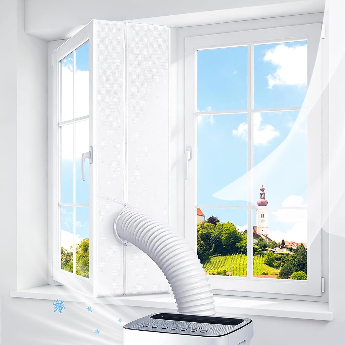 Kit textile de calfeutrage posé sur une fenêtre battante avec un tuyau de climatiseur mobile