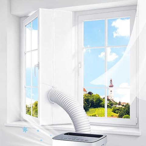 Kit textile de calfeutrage posé sur une fenêtre battante avec un tuyau de climatiseur mobile