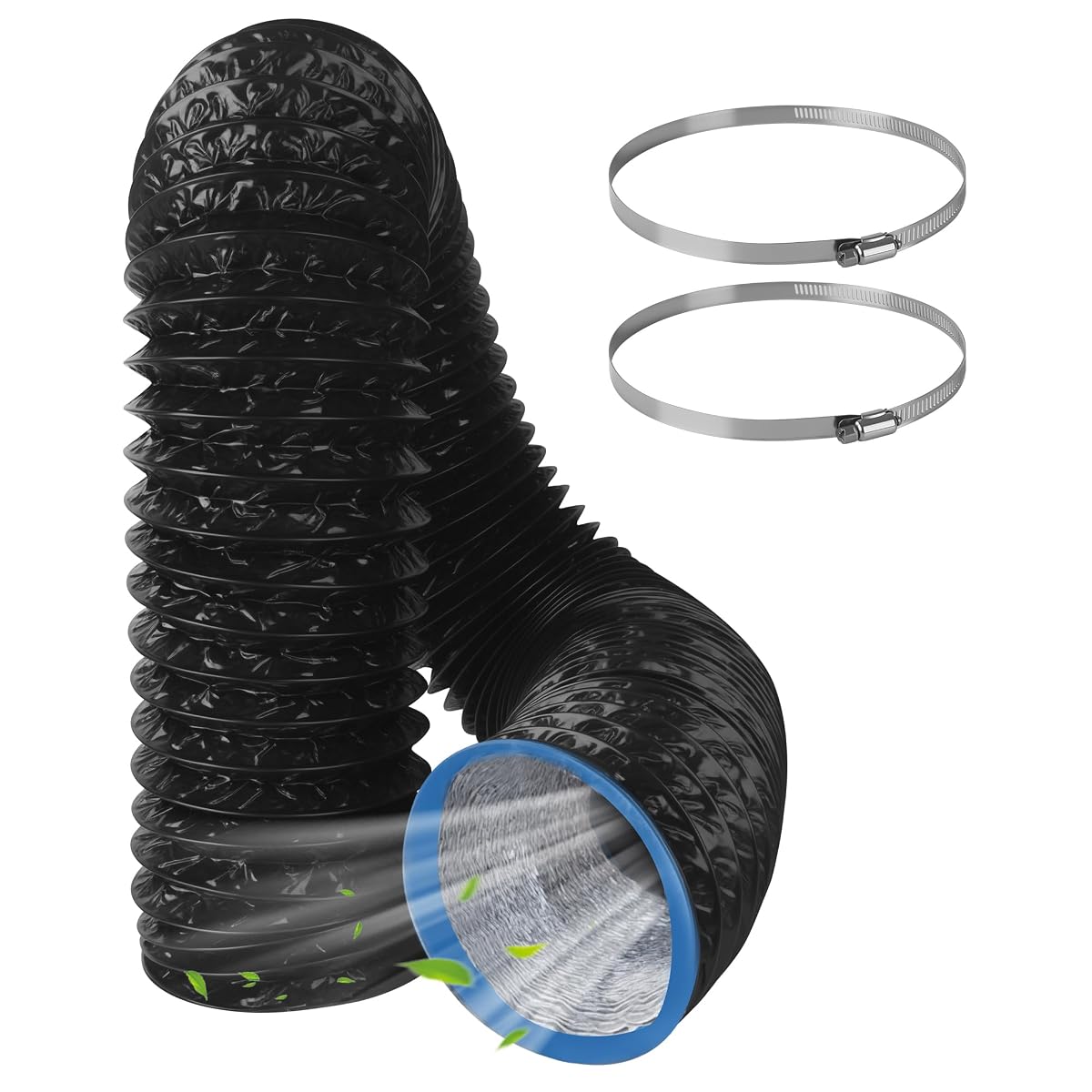 Gaine d’évacuation noire flexible accompagnée de deux colliers de serrage métalliques