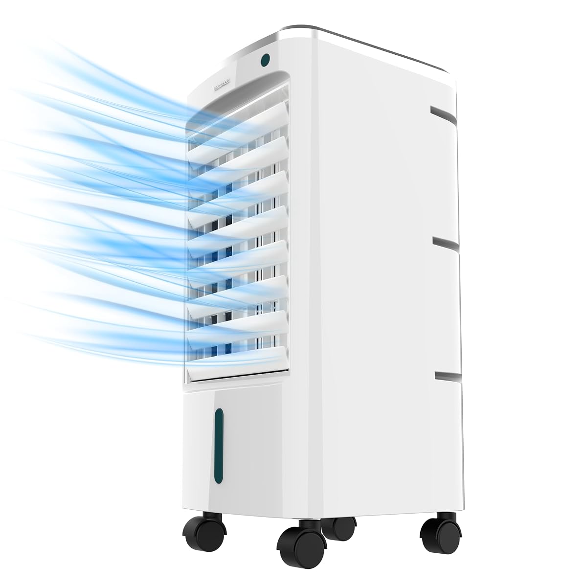Rafraîchisseur évaporatif compact sur roulettes, accompagné de ses deux tubes réfrigérateurs