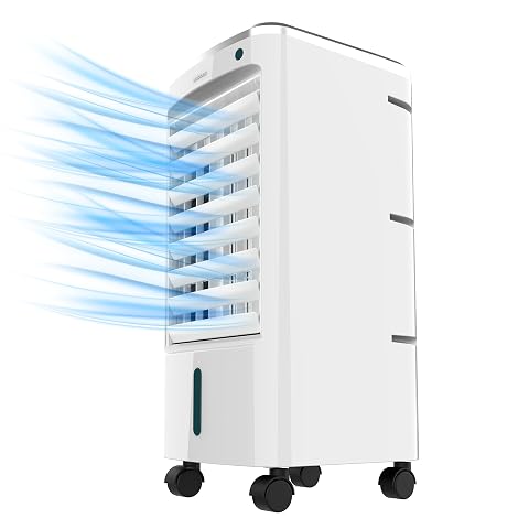 Rafraîchisseur évaporatif compact sur roulettes, accompagné de ses deux tubes réfrigérateurs