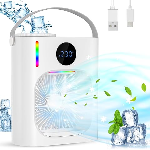 Rafraîchisseur d’air portable blanc posé sur un bureau en bois clair, avec réservoir et commandes LED visibles.
