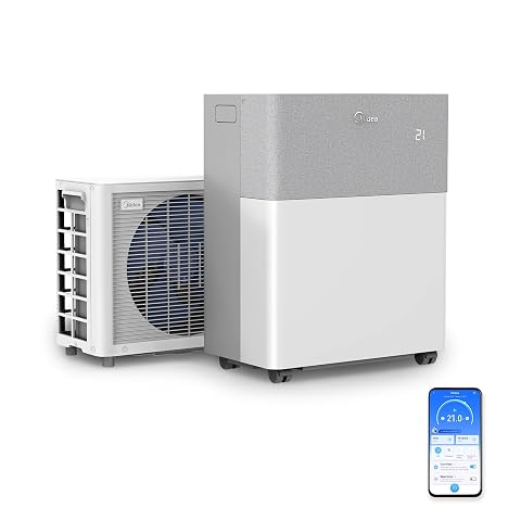 Climatiseur mobile split Midea blanc installé dans un intérieur lumineux, avec son tuyau plat visible.