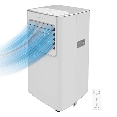 Climatiseur mobile Cecotec blanc avec écran LED et roulettes, installé près d’une fenêtre