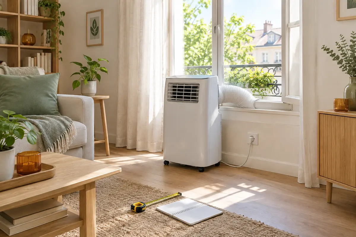 Climatiseur mobile près d’une fenêtre ensoleillée, avec gaine d’évacuation et outils de mesure au sol.