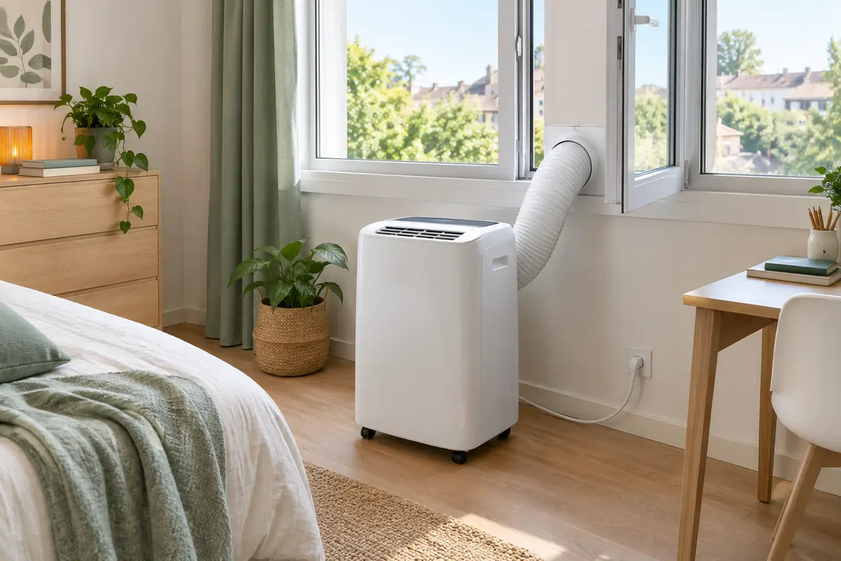 Climatiseur mobile relié à une gaine évacuée par une fenêtre calfeutrée dans une chambre