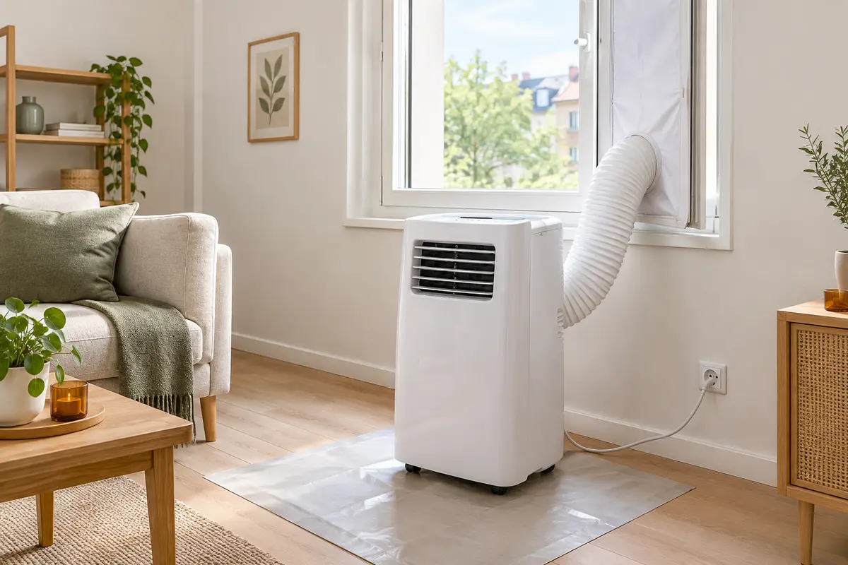 Climatiseur mobile près d’une fenêtre équipée d’un kit textile amovible, sans perçage ni dommage visible.