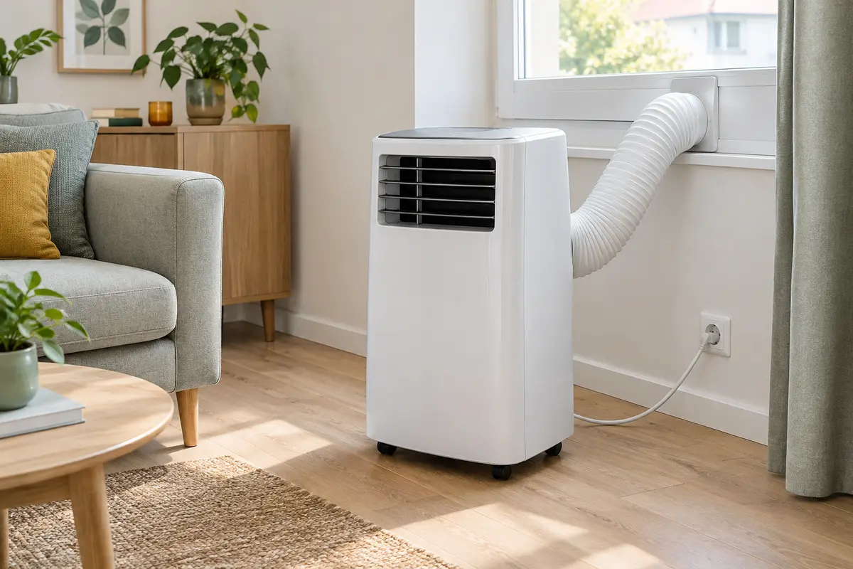 Climatiseur mobile installé près d’une prise murale, avec son cordon dégagé et sans rallonge enroulée.