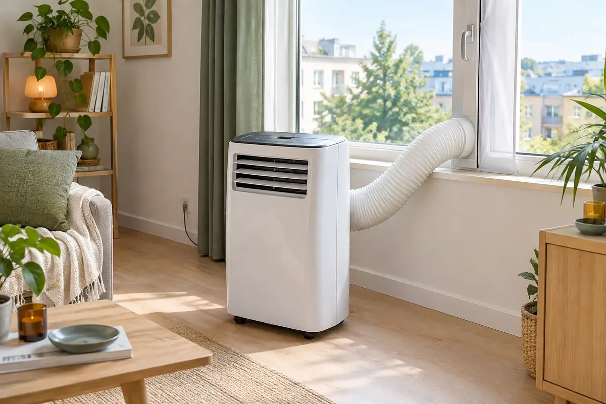Climatiseur mobile près d’une fenêtre calfeutrée avec ses conduits d’évacuation dirigés vers l’extérieur