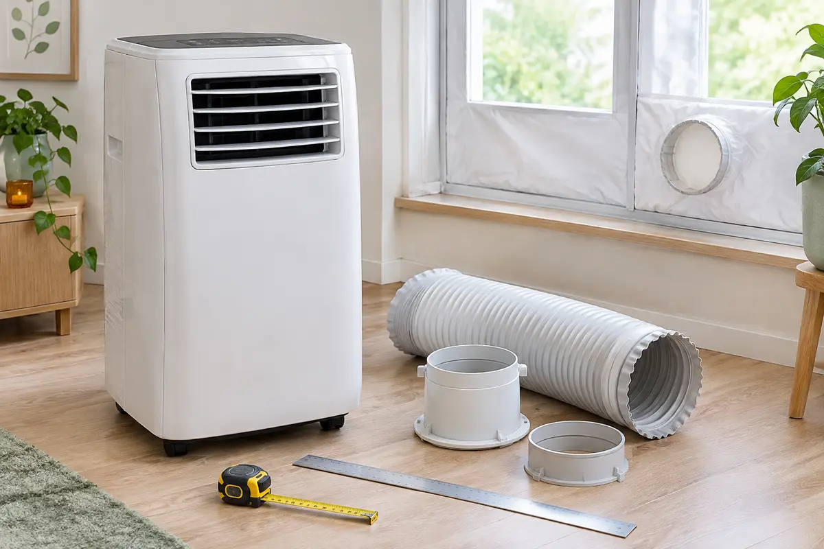 Sortie d’air d’un climatiseur mobile et gaine flexible détachée, avec des outils de mesure à proximité.