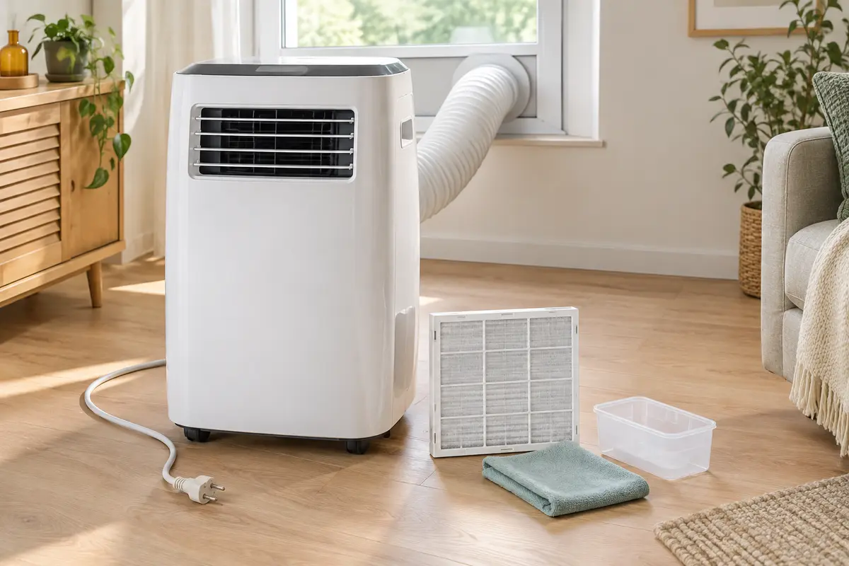 Climatiseur mobile débranché avec filtre propre et chiffon doux pour un entretien sans produit agressif
