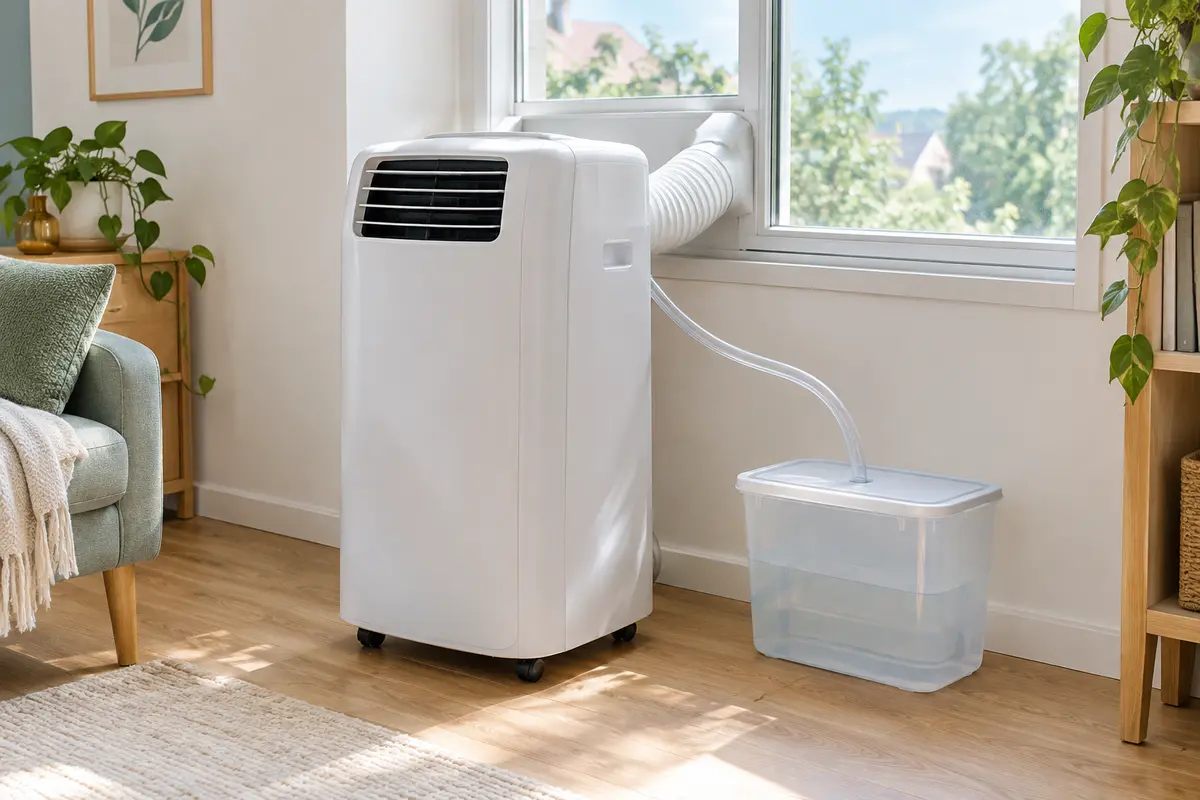 Climatiseur mobile avec un tuyau de drainage des condensats dirigé vers un récipient stable.