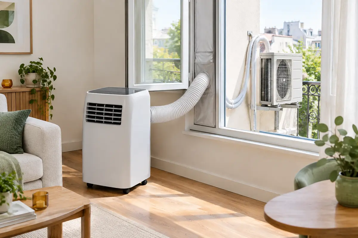 Climatiseur mobile split avec unité extérieure fixée près d’une fenêtre et liaison protégée