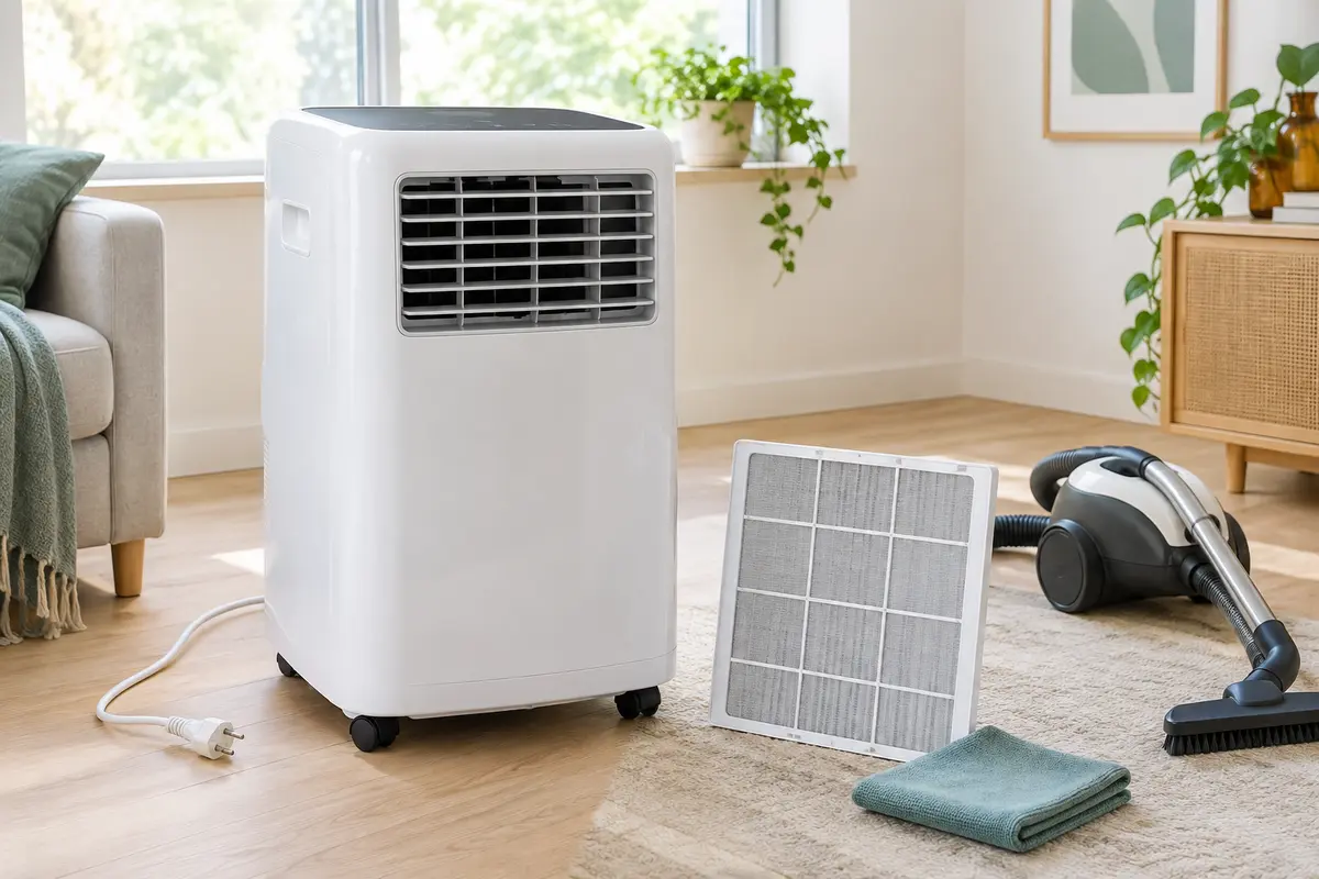Filtre propre en cours de séchage à côté de la grille d’un climatiseur mobile