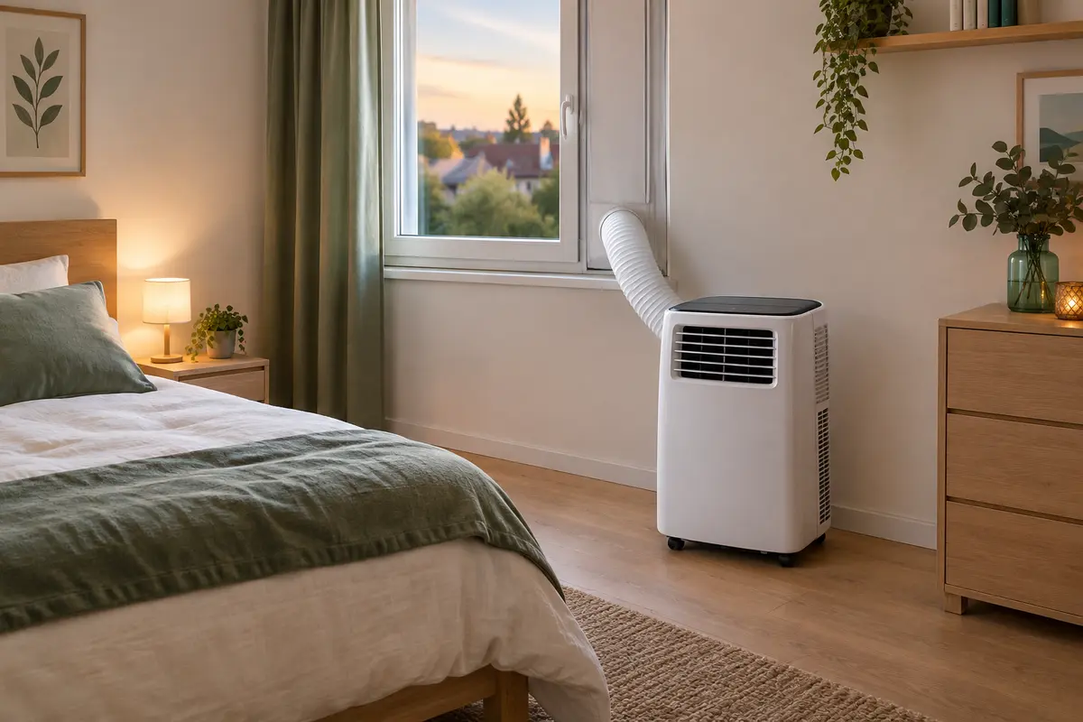 Climatiseur mobile près d’une fenêtre calfeutrée, gaine dégagée et appareil éloigné du lit