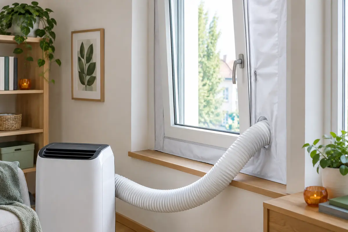 Kit textile posé sur une fenêtre oscillo-battante, poignée libre et gaine de climatiseur passée par la fermeture