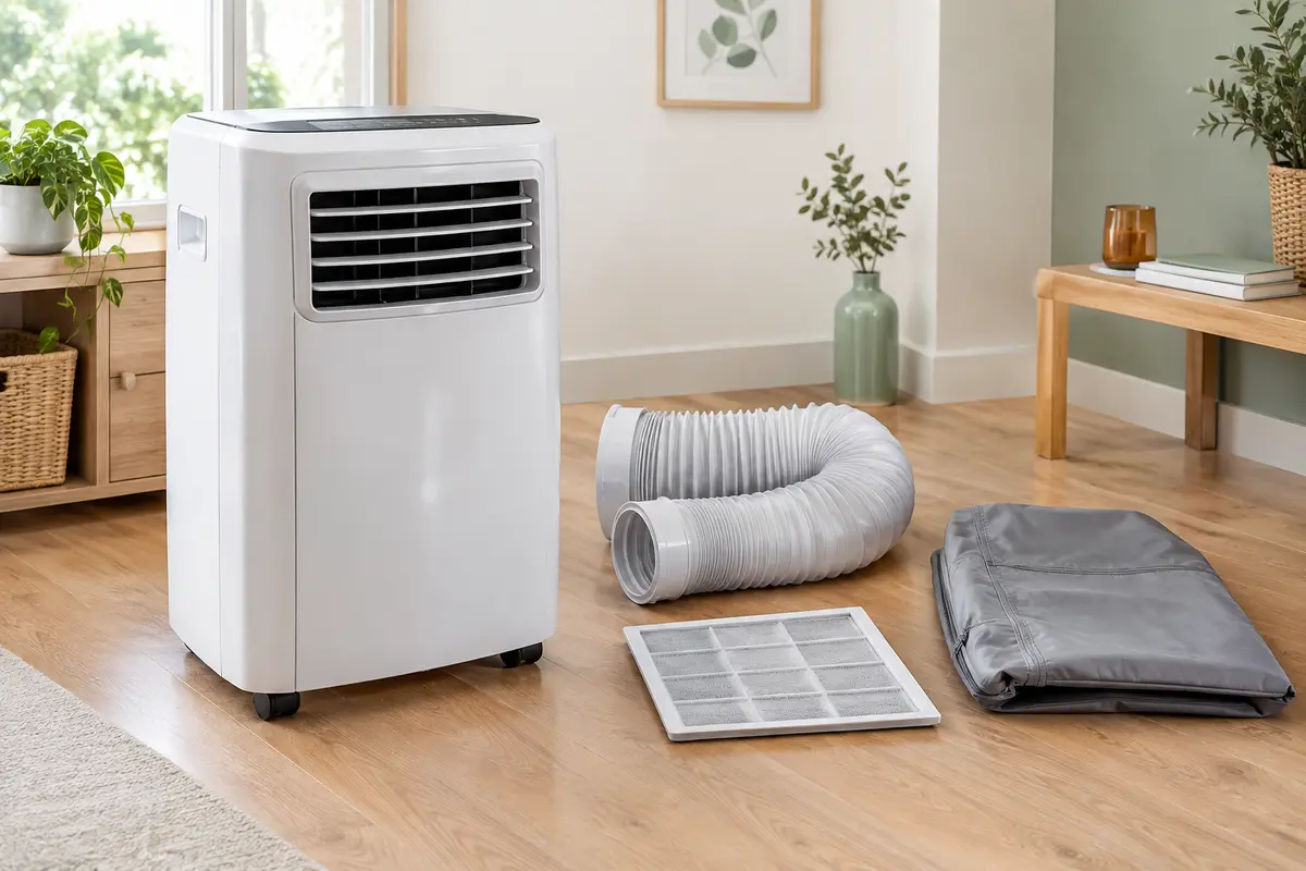 Climatiseur mobile propre et débranché, avec filtre sec et gaine rangée pour l’hiver.