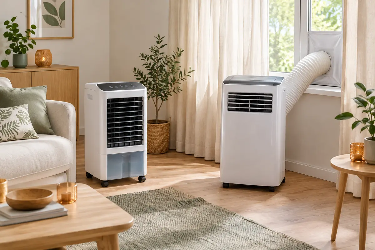 Rafraîchisseur évaporatif et climatiseur mobile avec gaine installés dans une pièce en été