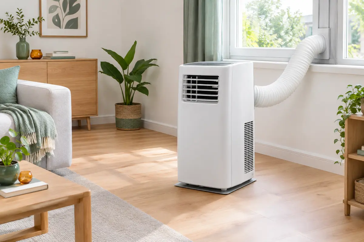 Climatiseur mobile posé sur parquet avec sa gaine d’évacuation dégagée près d’une fenêtre