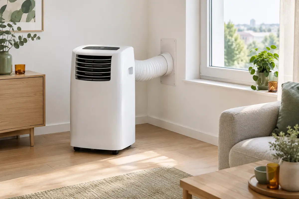Climatiseur mobile raccordé par une gaine à une sortie murale dans un appartement