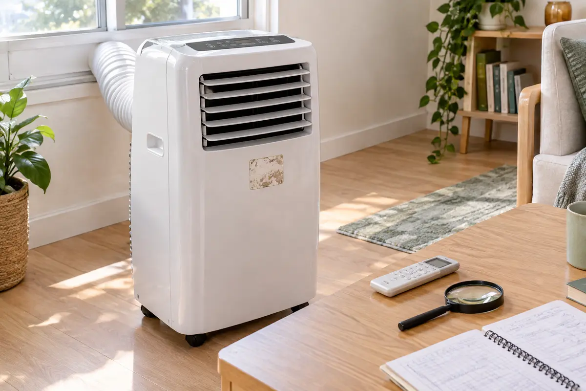 Climatiseur mobile et télécommande posée près d’une loupe, pour illustrer la recherche de compatibilité.
