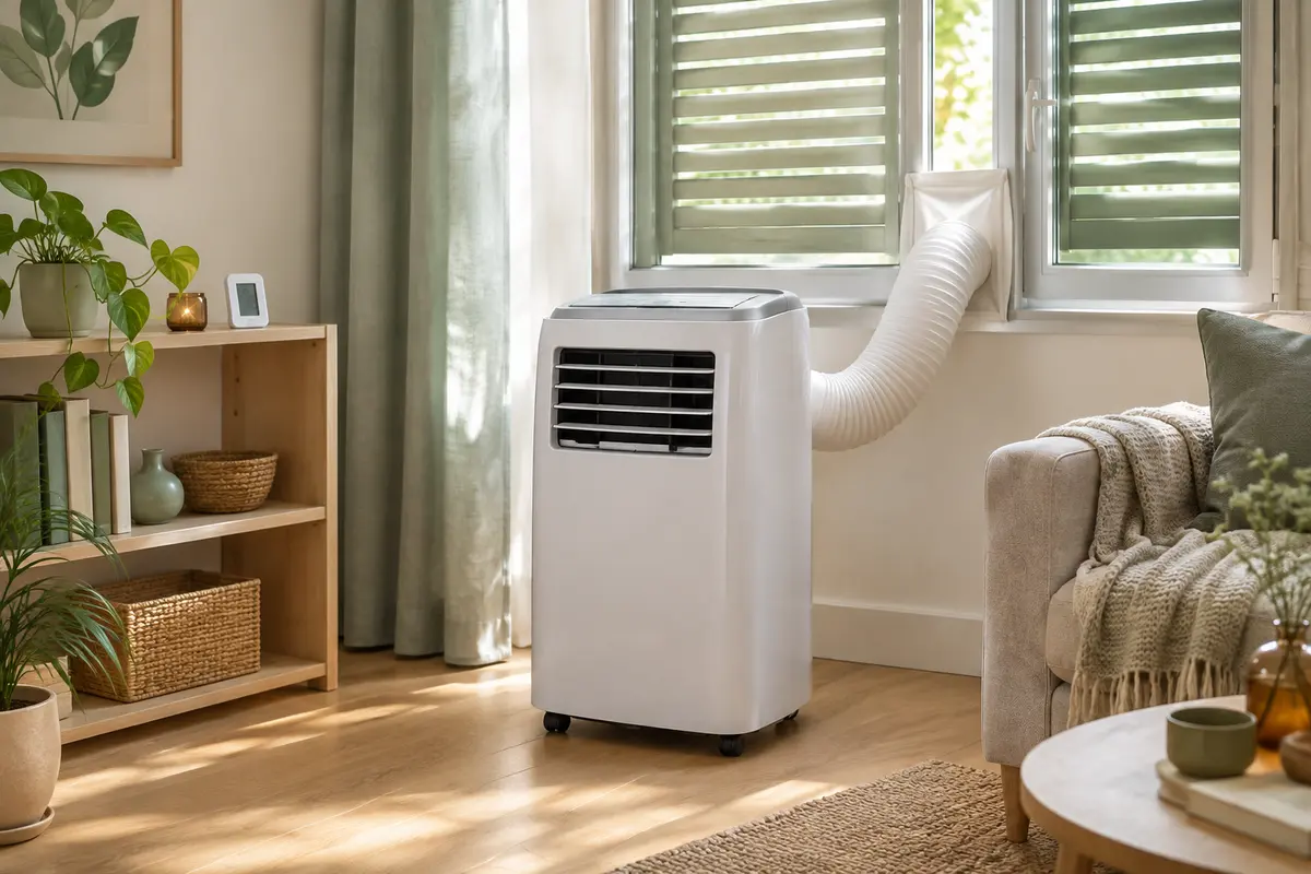 Climatiseur mobile installé près d’une fenêtre calfeutrée dans un salon ensoleillé