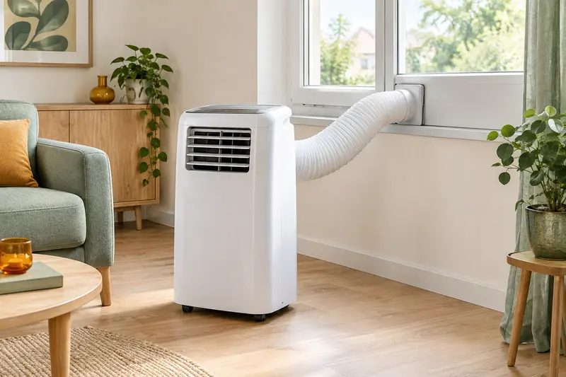 Climatiseur mobile et accessoires de pose réunis près d’une fenêtre dans un intérieur lumineux