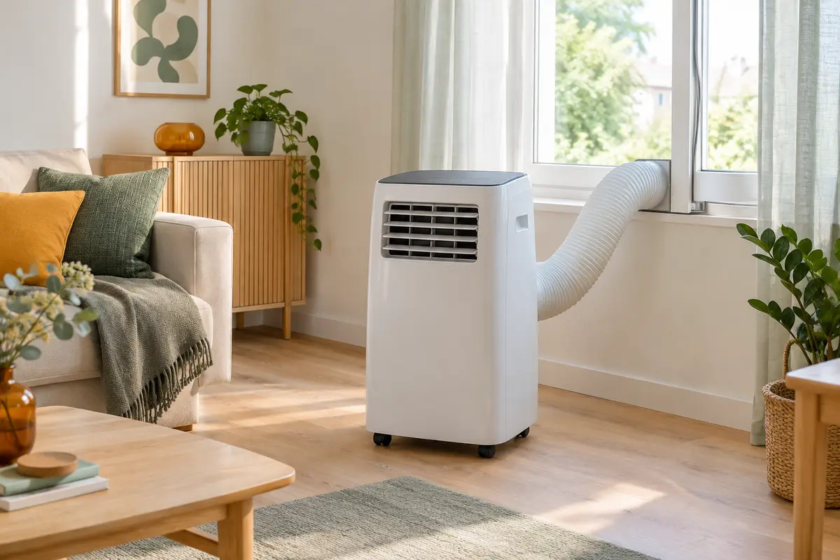 Climatiseur mobile installé près d’une fenêtre avec sa gaine d’évacuation visible